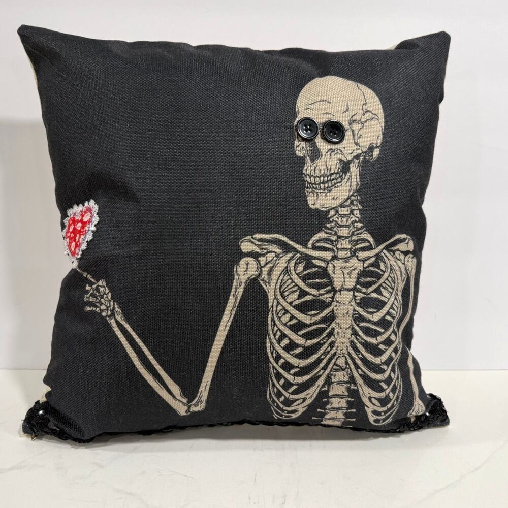 HANDMADE OOAK Skeleton Throw Pillow Gothic Halloween Heart Lace Whimsigoth 20x20